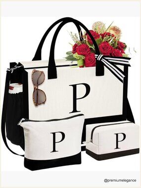 Initial Canvas Tote Bag Set with Makeup Bag, Monogrammed, Large Capacity,